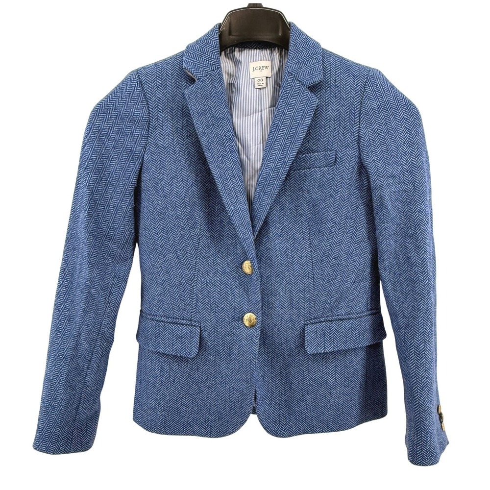J.Crew Schoolboy Blazer Womens 00 Pre-Owned Blue Herringbone Wool Blend Buttons
